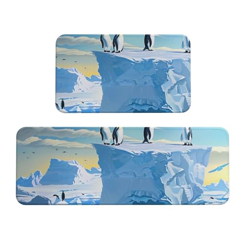 Küchenmatten, Motiv: Pinguine auf dem Eisberg, bedruckt, rutschfest, saugfähig, für Urlaub, Party, Zuhause, Küche, Büro, 2 Stück von JTKREZ