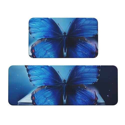Küchenmatten, Motiv: blaue Schmetterlinge, rutschfest, saugfähig, für Urlaub, Party, Zuhause, Küche, Büro, 2 Stück Küchenmatten, Motiv: blaue Schmetterlinge, rutschfest, saugfähig, für Urlaub, Party, Zuhause, Küche, Büro, 2 Stück von JTKREZ