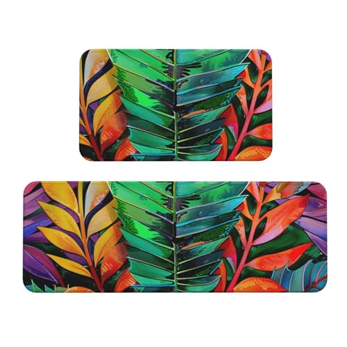 Küchenmatten, bunt, tropisches Blatt, rutschfest, saugfähig, für Urlaub, Party, Zuhause, Küche, Büro, 2 Stück von JTKREZ
