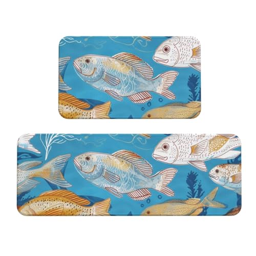 Küchenmatten mit Fischmotiv, rutschfest, saugfähig, für Urlaub, Party, Zuhause, Küche, Büro, 2 Stück von JTKREZ