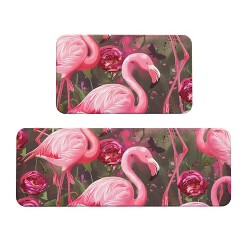 Küchenmatten mit Flamingo-Muster, rutschfest, saugfähig, für Urlaub, Party, Zuhause, Küche, Büro, 2 Stück von JTKREZ