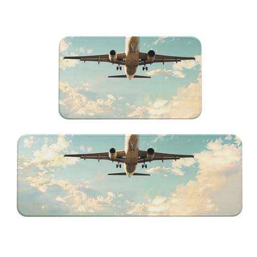 Küchenmatten mit Flugzeugdruck, rutschfest, saugfähig, für Urlaub, Party, Zuhause, Küche, Büro, 2 Stück von JTKREZ