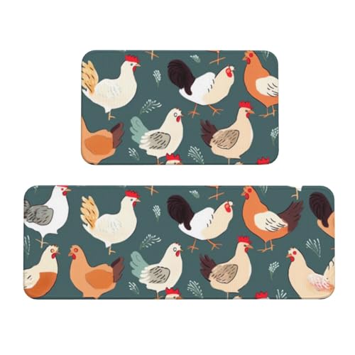 Küchenmatten mit Hühnermuster, rutschfest, saugfähig, für Urlaub, Party, Zuhause, Küche, Büro, 2 Stück von JTKREZ