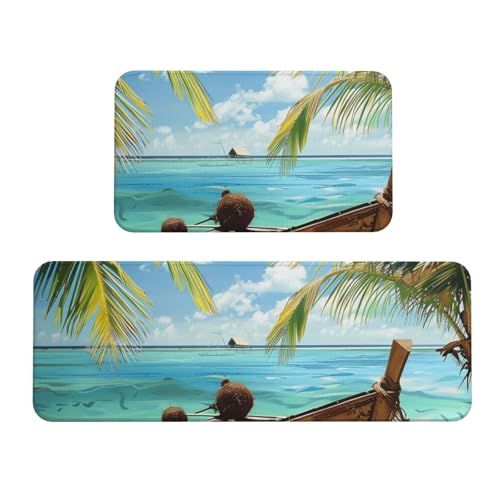 Küchenmatten mit Kokosnussblättern, rutschfest, saugfähig, für Urlaub, Party, Zuhause, Küche, Büro, 2 Stück von JTKREZ