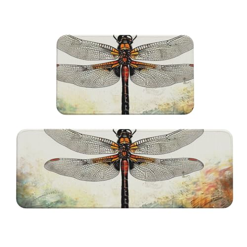 Küchenmatten mit Libellen-Motiv, rutschfest, saugfähig, für Urlaub, Party, Zuhause, Küche, Büro, 2 Stück Küchenmatten mit Libellen-Motiv, rutschfest, saugfähig, für Urlaub, Party, Zuhause, Küche, Büro, 2 Stück von JTKREZ