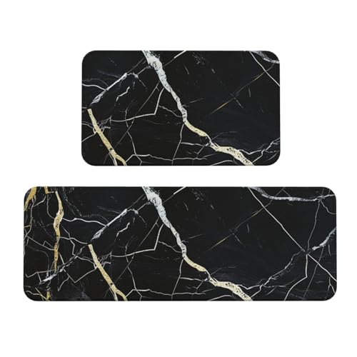 Küchenmatten mit Marmor-Motiv, rutschfest, saugfähig, für Urlaub, Party, Zuhause, Küche, Büro, Schwarz, 2 Stück von JTKREZ