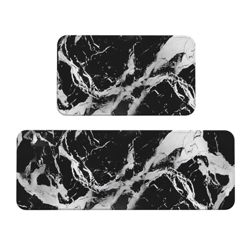 Küchenmatten mit Marmor-Motiv, rutschfest, saugfähig, für Urlaub, Party, Zuhause, Küche, Büro, Schwarz und Weiß, 2 Stück von JTKREZ