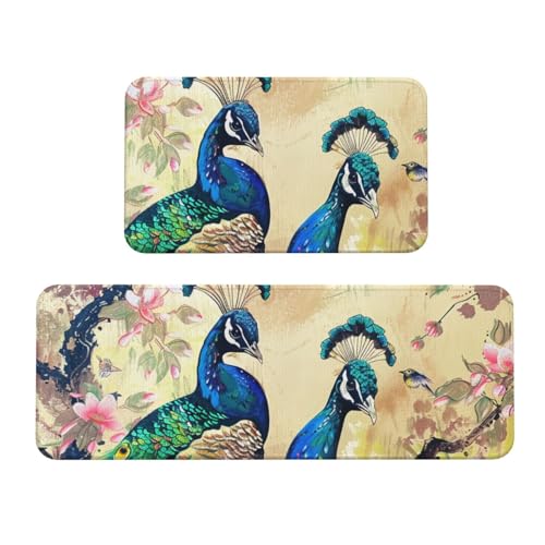 Küchenmatten mit Pfauenmotiv, rutschfest, saugfähig, für Urlaub, Party, Zuhause, Küche, Büro, 2 Stück von JTKREZ