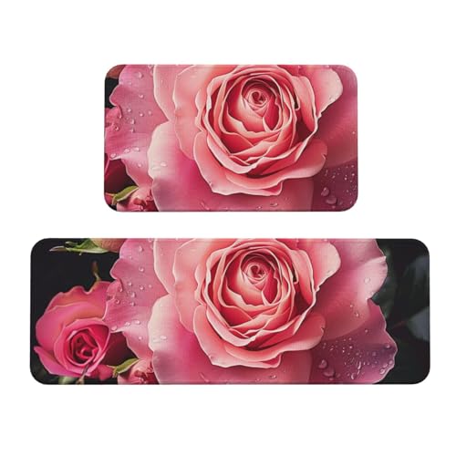 Küchenmatten mit Rosenmuster, rutschfest, saugfähig, für Urlaub, Party, Zuhause, Küche, Büro, 2 Stück von JTKREZ