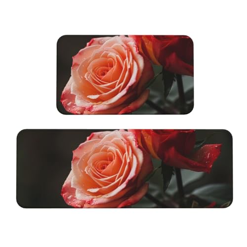 Küchenmatten mit Rosenmuster, rutschfest, saugfähig, für Urlaub, Party, Zuhause, Küche, Büro, 2 Stück von JTKREZ