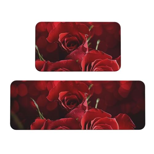Küchenmatten mit Rosenmuster, rutschfest, saugfähig, für Urlaub, Party, Zuhause, Küche, Büro, 2 Stück von JTKREZ