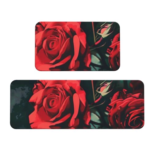 Küchenmatten mit rotem Rosen-Druck, rutschfest, saugfähig, für Urlaub, Party, Zuhause, Küche, Büro, 2 Stück von JTKREZ