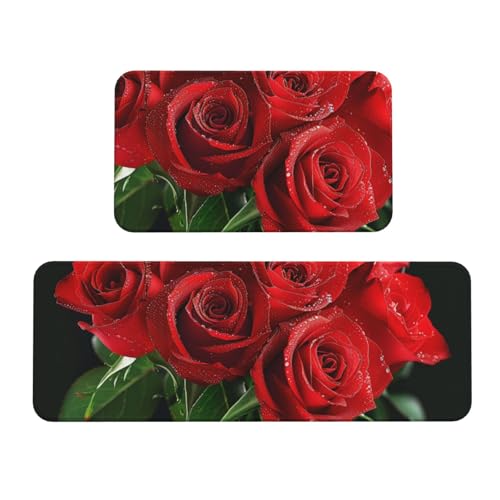 Küchenmatten mit rotem Rosenmotiv, rutschfest, saugfähig, für Urlaub, Party, Zuhause, Küche, Büro, 2 Stück von JTKREZ