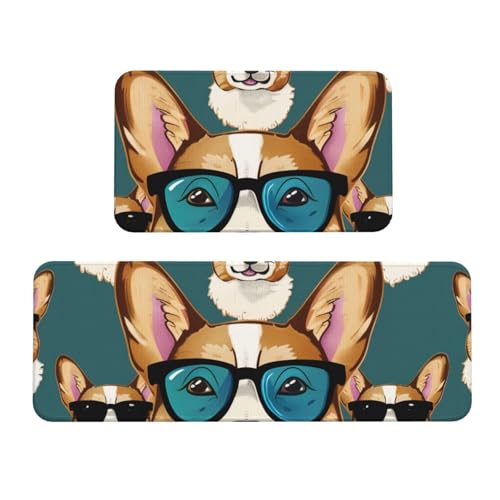 Niedliche Corgi-Gläser und Schnurrbärte bedruckte Küchenmatten, 2er-Set, rutschfest, saugfähig, Bodenmatte und Teppiche für Urlaub, Party, Zuhause, Küche, Büro von JTKREZ