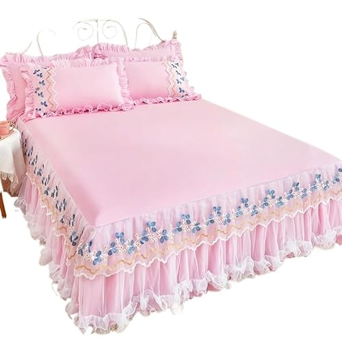 Bettrock 1 Stück Spitze Bettrock + 2 Kissenbezüge Bettwäsche Tagesdecken Blatt Rosa Set Bett for Mädchen Bettdecke(1,200x220cm 3pcs) von JTKSSCS