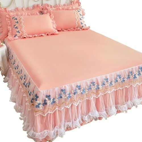 Bettrock 1 Stück Spitze Bettrock + 2 Kissenbezüge Bettwäsche Tagesdecken Blatt Rosa Set Bett for Mädchen Bettdecke(4,120x200cm 3pcs) von JTKSSCS