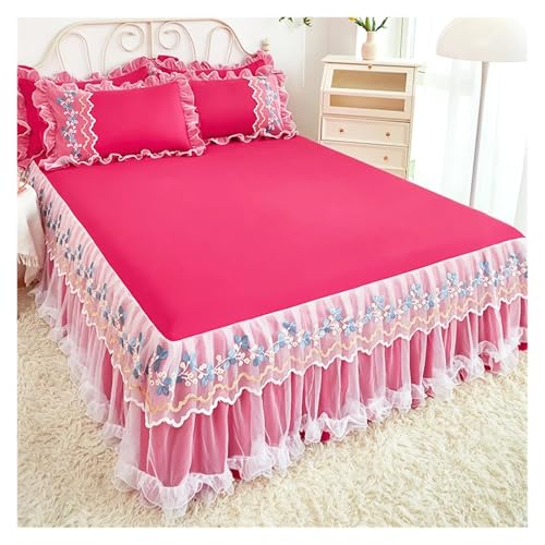 Bettrock 1 Stück Spitze Bettrock + 2 Kissenbezüge Bettwäsche Tagesdecken Blatt Rosa Set Bett for Mädchen Bettdecke(7,200x220cm 3pcs) von JTKSSCS