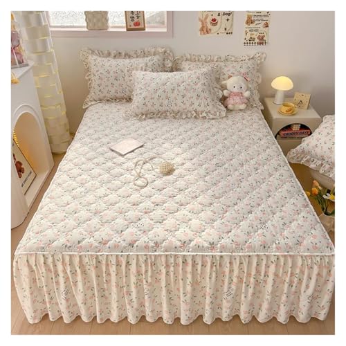 Bettrock 1 Stück gesteppter Bettrock aus gewaschener Baumwolle, Matratzenbezug mit frischen Blumen, Heim-Schlafzimmer-Dekoration, Falda de Cama-Tagesdecke 150 x 200 cm(11,180x200cm 1pc) von JTKSSCS