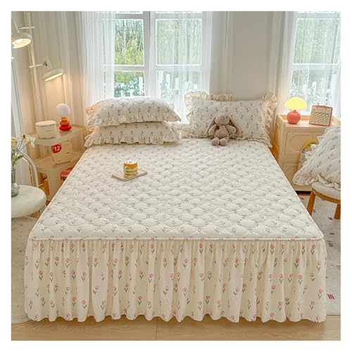 Bettrock 1 Stück gesteppter Bettrock aus gewaschener Baumwolle, Matratzenbezug mit frischen Blumen, Heim-Schlafzimmer-Dekoration, Falda de Cama-Tagesdecke 150 x 200 cm(8,180x220cm 1pc) von JTKSSCS