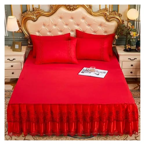 Bettrock 3-teiliges Set mit weichem Spitzen-Bettrock, King-Size-Bett, Tagesdecke, einfarbig, Prinzessin, romantische Bettdecke Kissenbezug(1,3pcs Set 150x200cm) von JTKSSCS