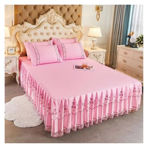 Bettrock 3-teiliges Set mit weichem Spitzen-Bettrock, King-Size-Bett, Tagesdecke, einfarbig, Prinzessin, romantische Bettdecke Kissenbezug(14,3pcs Set 150x200cm) von JTKSSCS