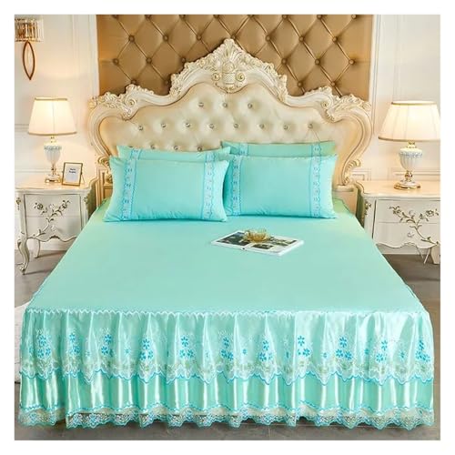 Bettrock 3-teiliges Set mit weichem Spitzen-Bettrock, King-Size-Bett, Tagesdecke, einfarbig, Prinzessin, romantische Bettdecke Kissenbezug(16,3pcs Set 180x200cm) von JTKSSCS