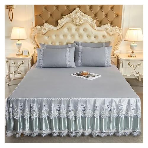 Bettrock 3-teiliges Set mit weichem Spitzen-Bettrock, King-Size-Bett, Tagesdecke, einfarbig, Prinzessin, romantische Bettdecke Kissenbezug(17,3pcs Set 180x200cm) von JTKSSCS