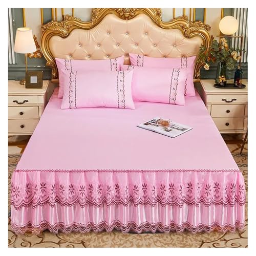 Bettrock 3-teiliges Set mit weichem Spitzen-Bettrock, King-Size-Bett, Tagesdecke, einfarbig, Prinzessin, romantische Bettdecke Kissenbezug(2,3pcs Set 180x200cm) von JTKSSCS