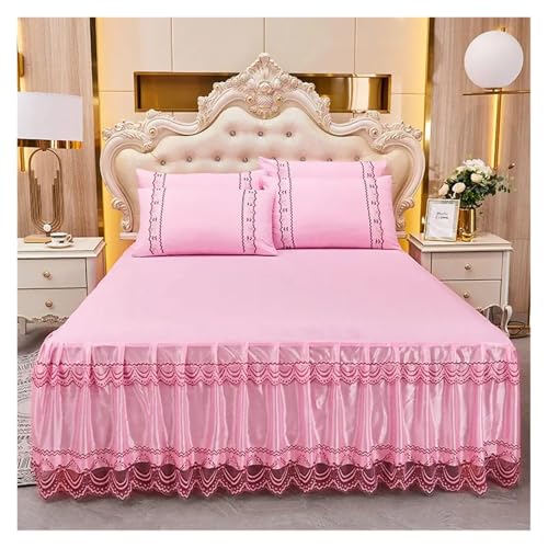 Bettrock 3-teiliges Set mit weichem Spitzen-Bettrock, King-Size-Bett, Tagesdecke, einfarbig, Prinzessin, romantische Bettdecke Kissenbezug(8,3pcs Set 180x200cm) von JTKSSCS