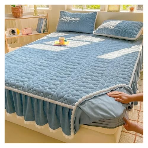 Bettrock Milchvlies gepolsterte Baumwollklasse-Bettrock-Matratze, Haarballen-verdickte Matratzenschutzhülle, einfarbig(Blue,180x200cm 1pcs) von JTKSSCS