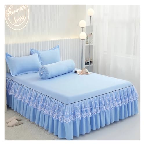 Bettrock Rüschen-Bettrock mit Kissenbezug, Fester Matratzenbezug, Bettwäsche, Spannbettlaken for Einzelbett, Doppelbett, Heimtextilien(Blue,180x220cm-3pc) von JTKSSCS