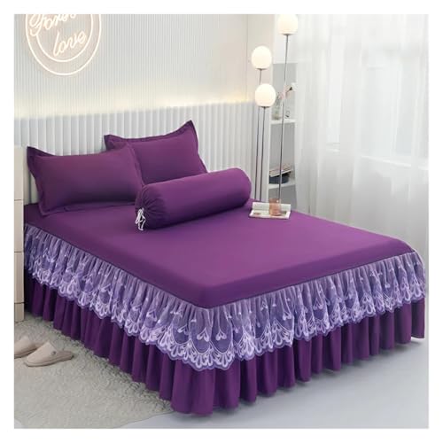 Bettrock Rüschen-Bettrock mit Kissenbezug, Fester Matratzenbezug, Bettwäsche, Spannbettlaken for Einzelbett, Doppelbett, Heimtextilien(Dark Purple,180x200cm-3pc) von JTKSSCS