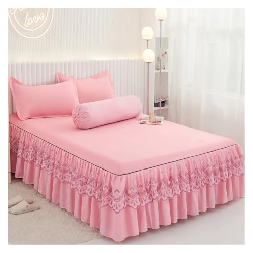 Bettrock Rüschen-Bettrock mit Kissenbezug, Fester Matratzenbezug, Bettwäsche, Spannbettlaken for Einzelbett, Doppelbett, Heimtextilien(Pink,150x200cm-3pc) von JTKSSCS