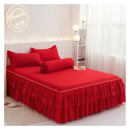 Bettrock Rüschen-Bettrock mit Kissenbezug, Fester Matratzenbezug, Bettwäsche, Spannbettlaken for Einzelbett, Doppelbett, Heimtextilien(Red,180x220cm-3pc) von JTKSSCS