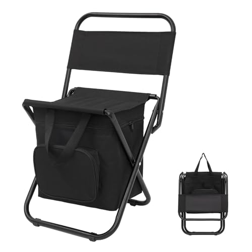 JTKSSCS Anglerstuhl Kleiner Angelstuhl mit Kühltasche, Leichter Campingstuhl, kompakter Angelhocker Rückenlehne for Wanderreisen, Eisangeln(Black) von JTKSSCS