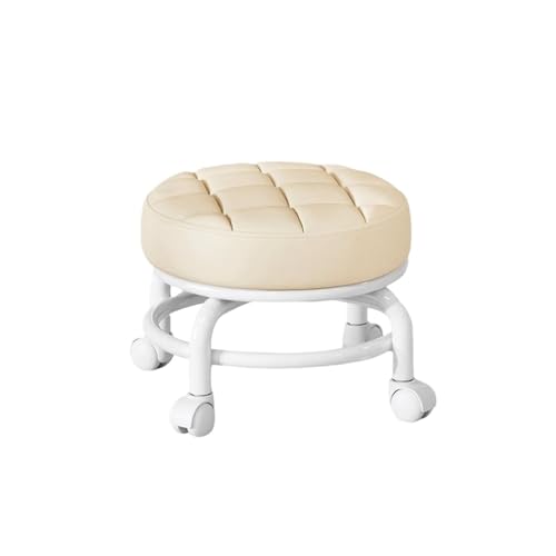 JTKSSCS Niedriger Rollhocker Mit Rollen Um 360 Grad drehbarer Rollhocker aus PU-Leder, multifunktionaler, robuster, niedriger Sitz, wasserdichter runder Hocker mit Rädern(Beige) von JTKSSCS