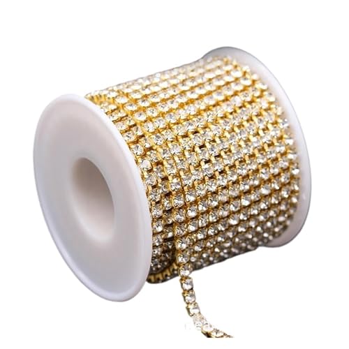 JTKSSCS Strassband 10 Yards/Rolle Glitzer-Kristall-Strassketten for Aufnähen und Aufkleben for Kleidungsstücke, DIY-Kleidungszubehör, Zierketten(Gold Base Clear,SS8-2.5mm-10yards) von JTKSSCS