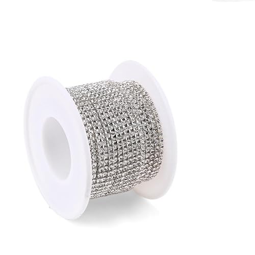 JTKSSCS Strassband 2 Meter Strasskette mit silberner Basis, Glas-Strasssteine, Strass, Bunte Verzierung, farbige Unterseite, Metallbecherkette, DIY-Dekoration(Clear Silver Base) von JTKSSCS