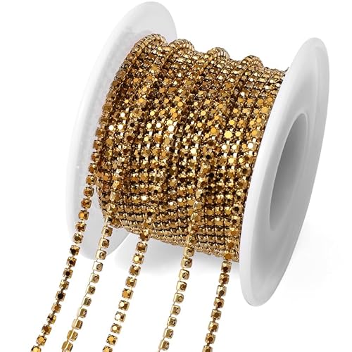 JTKSSCS Strassband 2 Meter Strasskette mit silberner Basis, Glas-Strasssteine, Strass, Bunte Verzierung, farbige Unterseite, Metallbecherkette, DIY-Dekoration(Goldhematite) von JTKSSCS