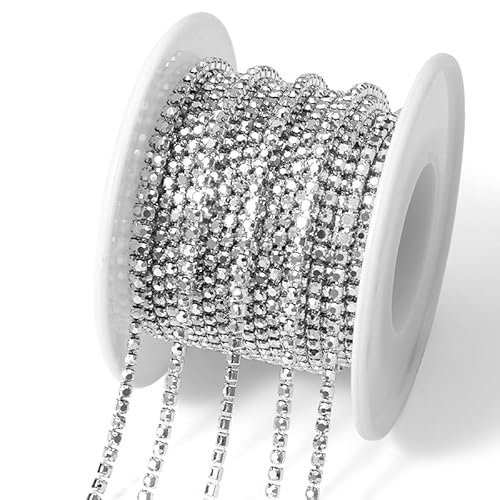 JTKSSCS Strassband 2 Meter Strasskette mit silberner Basis, Glas-Strasssteine, Strass, Bunte Verzierung, farbige Unterseite, Metallbecherkette, DIY-Dekoration(Silver) von JTKSSCS