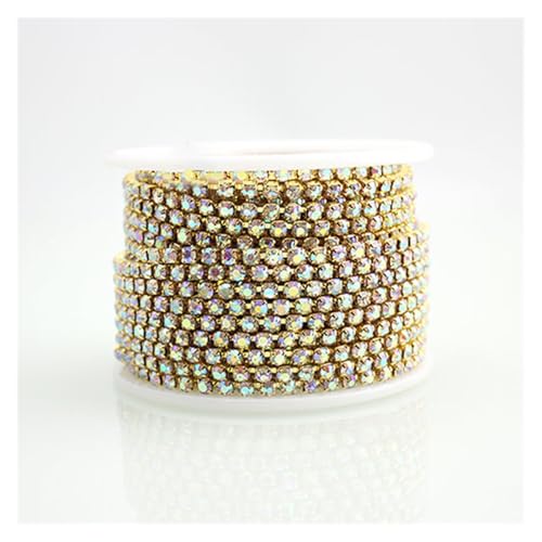 JTKSSCS Strassband Glitzernde Strassbesatzkette mit Flacher Rückseite, for Aufnähen von Strasssteinen, Tassenkette mit Kralle for Aufkleben for Kleidung, Handarbeitszubehör(Gold-AB,2YARD_2MM) von JTKSSCS