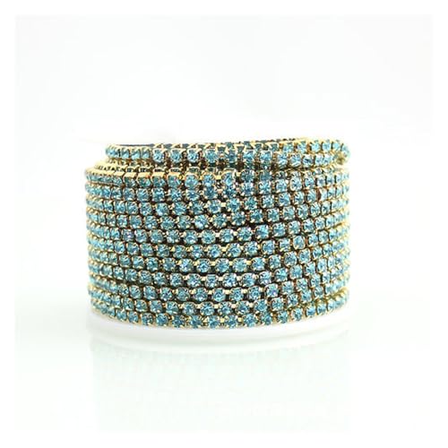 JTKSSCS Strassband Glitzernde Strassbesatzkette mit Flacher Rückseite, for Aufnähen von Strasssteinen, Tassenkette mit Kralle for Aufkleben for Kleidung, Handarbeitszubehör(Gold-Blue,2YARD_2MM) von JTKSSCS