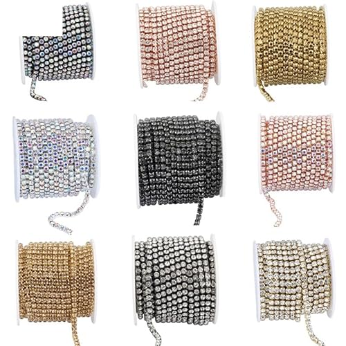 JTKSSCS Strassband Kristall-Strass-Becherkette for Aufnähen auf Glas-Strass-Besatzkette, for Aufkleben auf Bunte Kristall-Becherkette for Heimwerkerarbeiten(Rose Gold Crystal,10YARDS-ROLL_SS12-3MM) von JTKSSCS