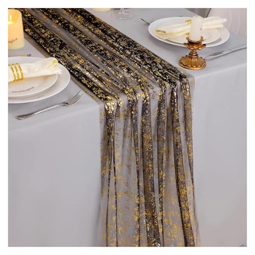 JTKSSCS Tischläufer 70 x 400 cm, weicher, funkelnder Tischläufer in Metallic-Gold, transparenter Tischläufer mit goldenen Pailletten und Glitzer in Metallic-Folie(Black,70X300cm) von JTKSSCS