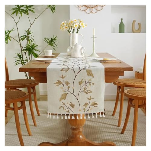 JTKSSCS Tischläufer Bestickte Tischläufer aus Baumwolle und Leinen, Tischdecke mit Quaste for den Esstisch zu Hause, Couchtischmatte(Color 01,33X180cm) von JTKSSCS