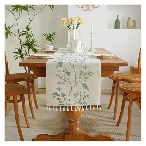 JTKSSCS Tischläufer Bestickte Tischläufer aus Baumwolle und Leinen, Tischdecke mit Quaste for den Esstisch zu Hause, Couchtischmatte(Color 02,33X120cm) von JTKSSCS