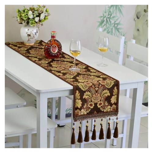 JTKSSCS Tischläufer Braune Farbe Große Muster Tischläufer Stil Teetisch Flagge Teetisch Schließen TV Schrank Abdeckung Tuch Mit Quasten(Black,32x170cm) von JTKSSCS