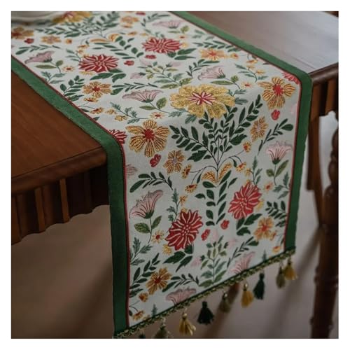 JTKSSCS Tischläufer Tischläufer mit Quaste Couchtisch TV-Schrank Dekor Jacquard Cartoon Anime Lange Esszimmer(Green Flower,35x140CM) von JTKSSCS