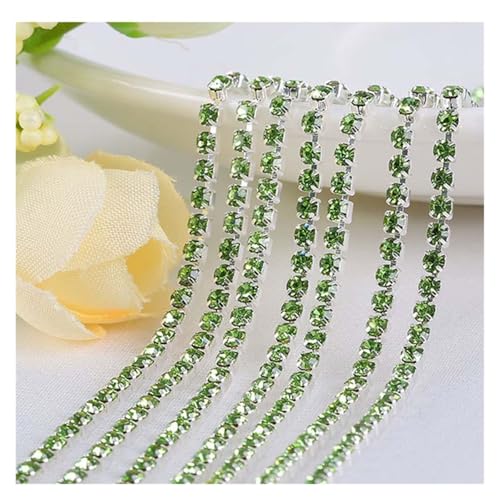 Strassband Glitzernde Strassbesatzkette mit flacher Rückseite, for Aufnähen von Strasssteinen, Tassenkette mit Kralle for Aufkleben for Kleidung, Handarbeitszubehör(Silver-peridot,5YARD_SS12-3MM) von JTKSSCS