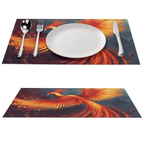 Platzsets 6er Set Hitzebeständige Tischmatten Orange Rot Phoenix PVC Platzsets für Esstisch Rutschfeste Schreibtischschutzmatte Abwischbare Platzsets Schreibtischunterlage für Küche von JTMVNKG